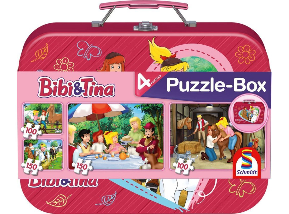 SCHMIDT Puzzle Bibi a Tina 4v1 v plechovém kufříku (100, 100, 150, 150 dílků)