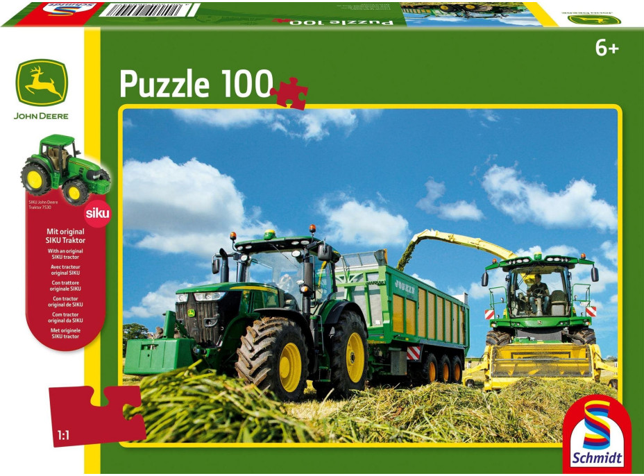 SCHMIDT Puzzle John Deere Traktor s řezačkou 100 dílků + model SIKU