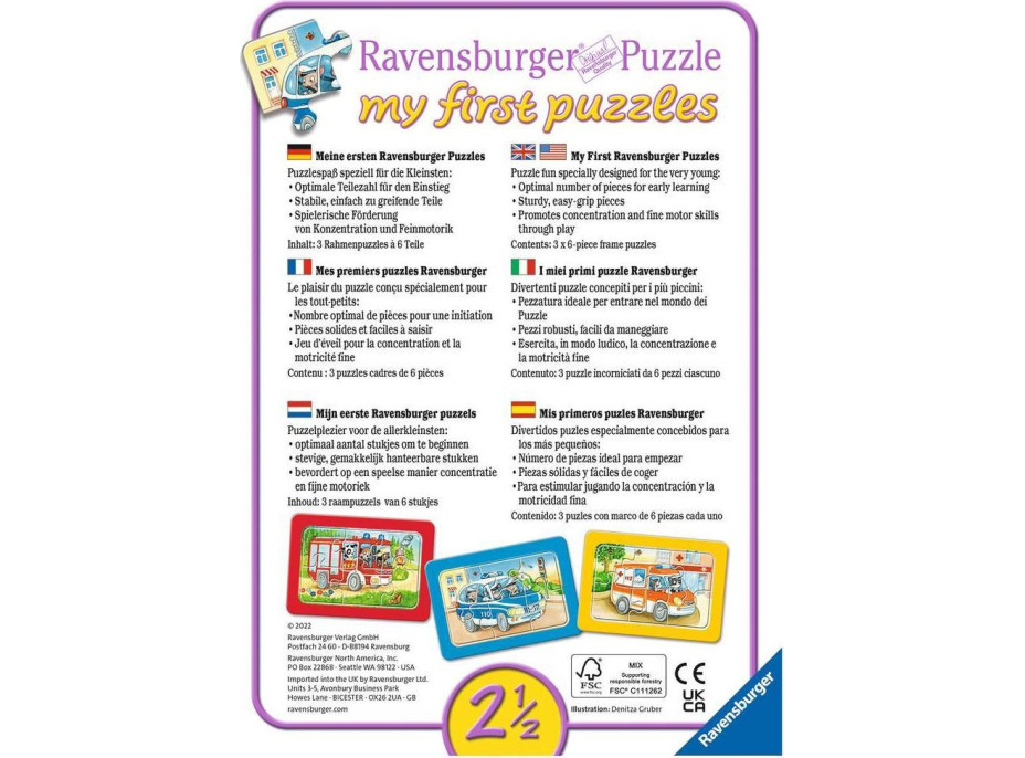 RAVENSBURGER Moje první puzzle Zásahová vozidla se zvířátky za volantem 3x6 dílků