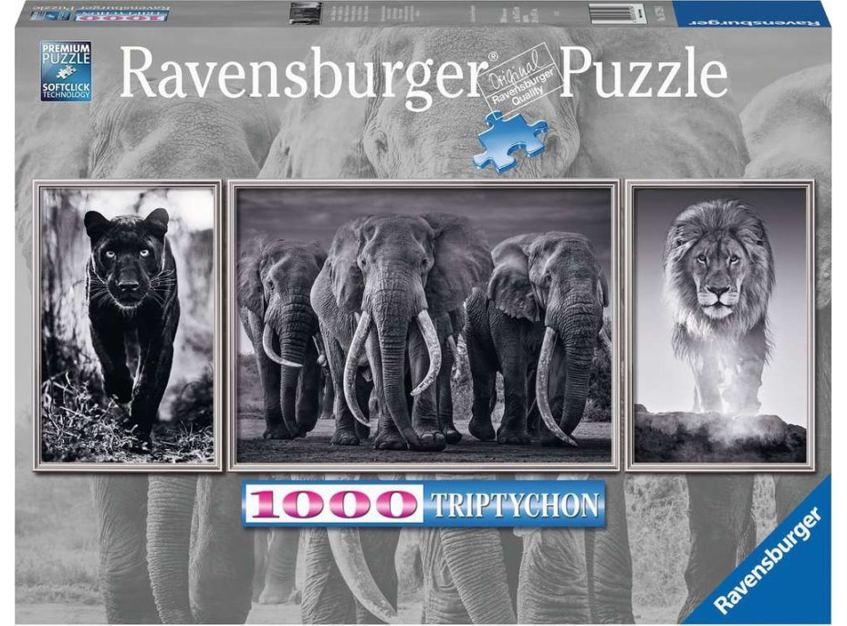 RAVENSBURGER Puzzle Triptych: Panter, sloni, lev 1000 dílků
