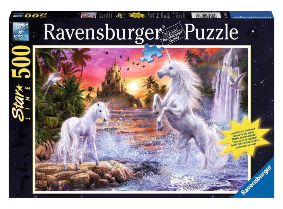 RAVENSBURGER Svítící puzzle Jednorožci u řeky 500 dílků
