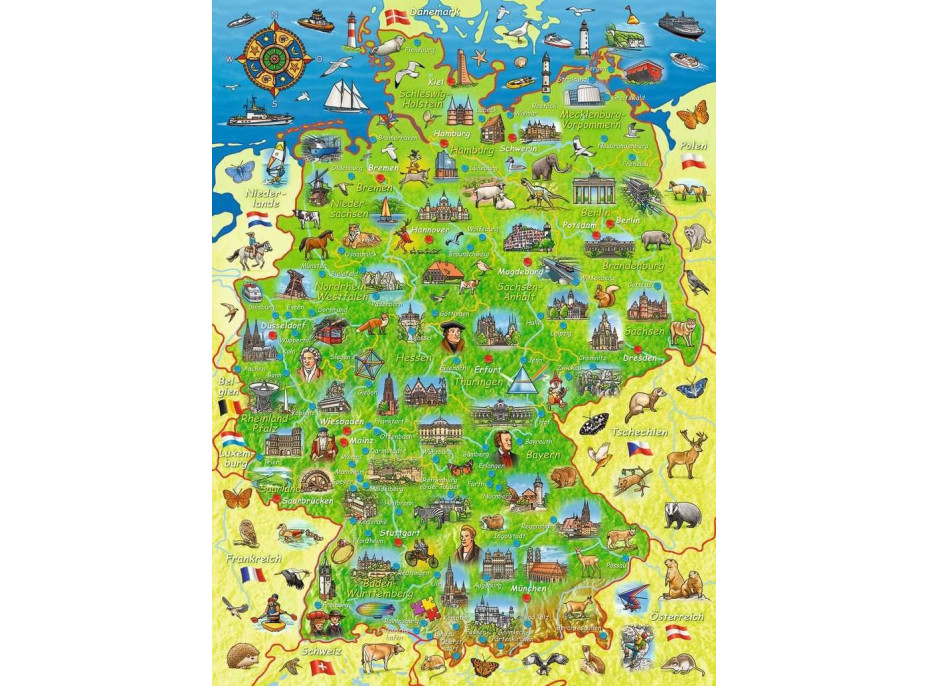 RAVENSBURGER Puzzle Barevná mapa Německa XXL 200 dílků