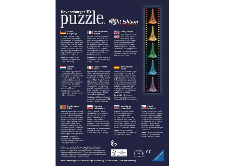 RAVENSBURGER Svítící 3D puzzle Noční edice Eiffelova věž 216 dílků