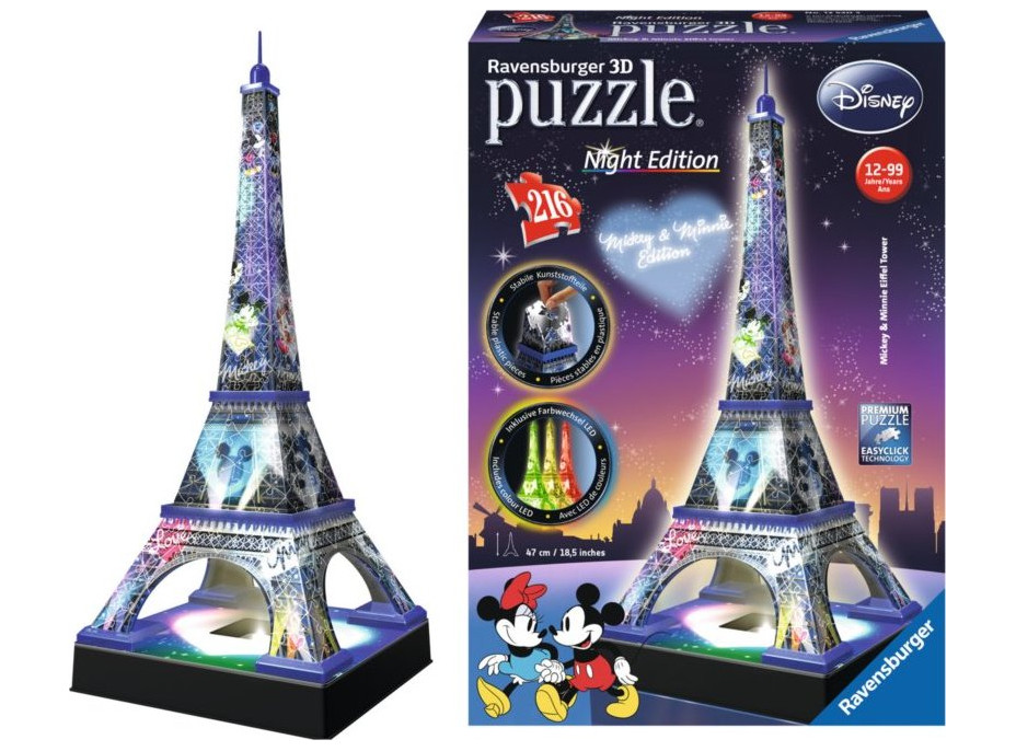RAVENSBURGER Svítící 3D puzzle Noční edice Eiffelova věž Disney 216 dílků