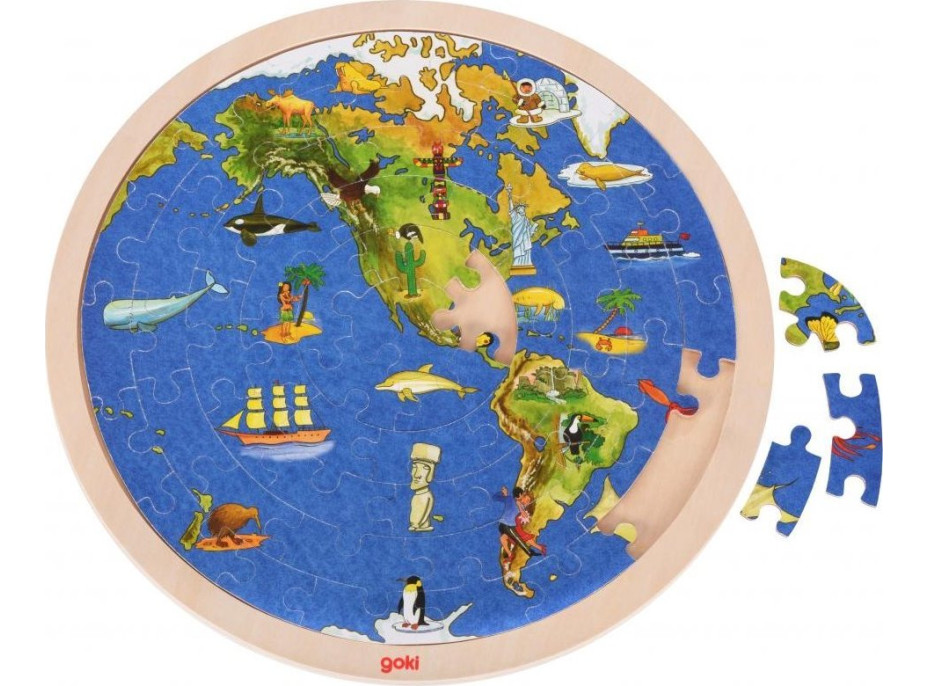 GOKI Oboustranné dřevěné puzzle Svět 57 dílků