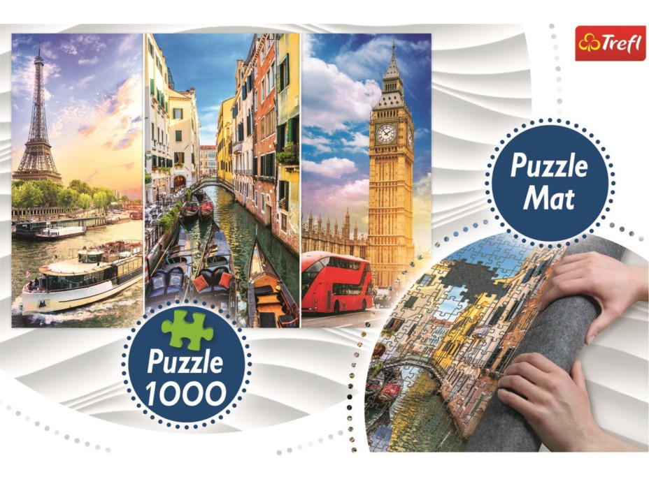 TREFL Puzzle Koláž měst Paříž-Benátky-Londýn 1000 dílků + Podložka pod puzzle