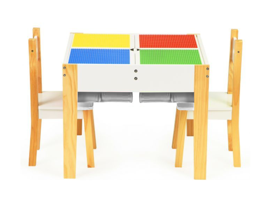 ECOTOYS Dětský dřevěný stůl s hrací deskou a dvěma židličkami
