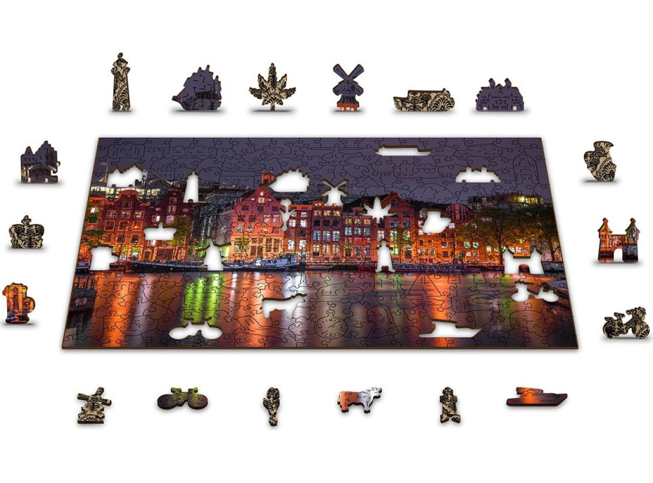 WOODEN CITY Dřevěné puzzle Noční Amsterdam 2v1, 75 dílků EKO