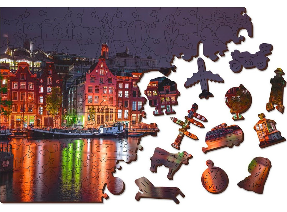 WOODEN CITY Dřevěné puzzle Noční Amsterdam 2v1, 75 dílků EKO