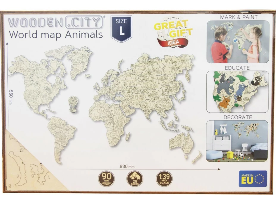 WOODEN CITY Dřevěná mapa se zvířátky velikost L (83x55cm)
