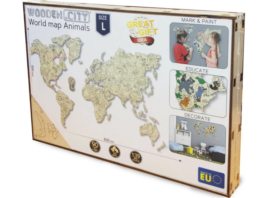 WOODEN CITY Dřevěná mapa se zvířátky velikost L (83x55cm)