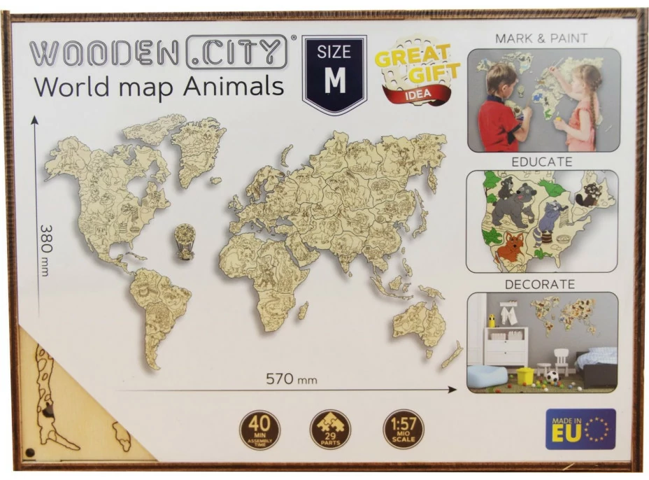 WOODEN CITY Dřevěná mapa se zvířátky velikost M (57x38cm)