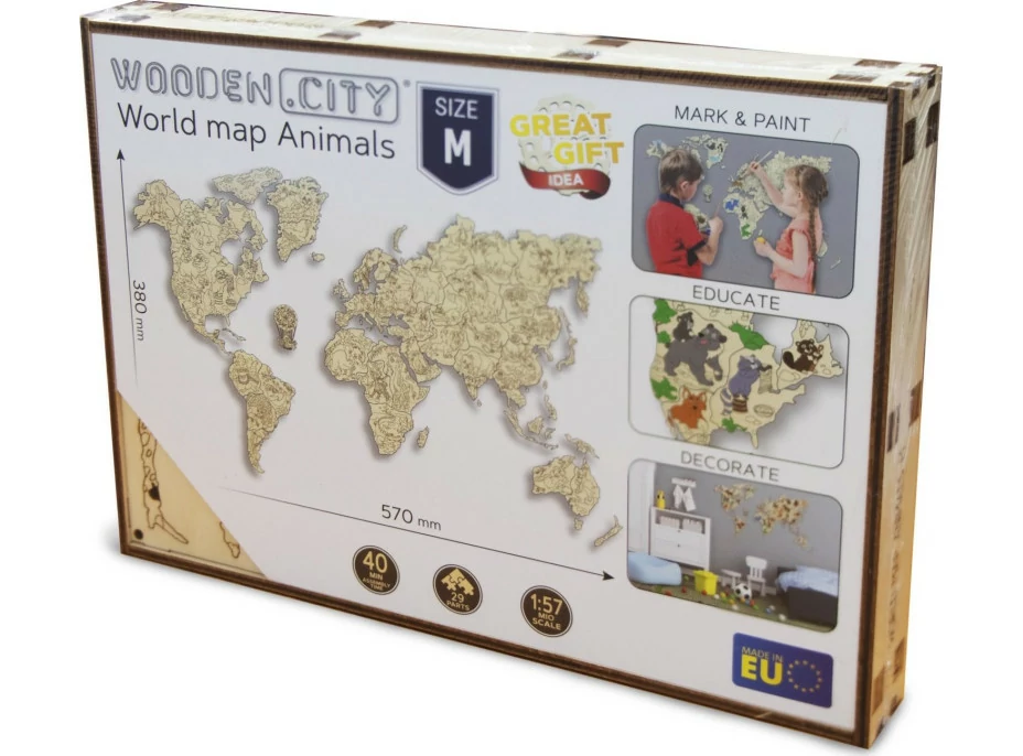 WOODEN CITY Dřevěná mapa se zvířátky velikost M (57x38cm)