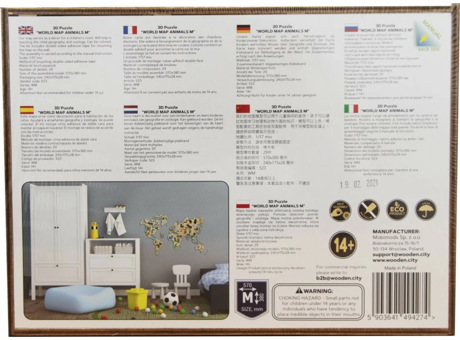 WOODEN CITY Dřevěná mapa se zvířátky velikost M (57x38cm)