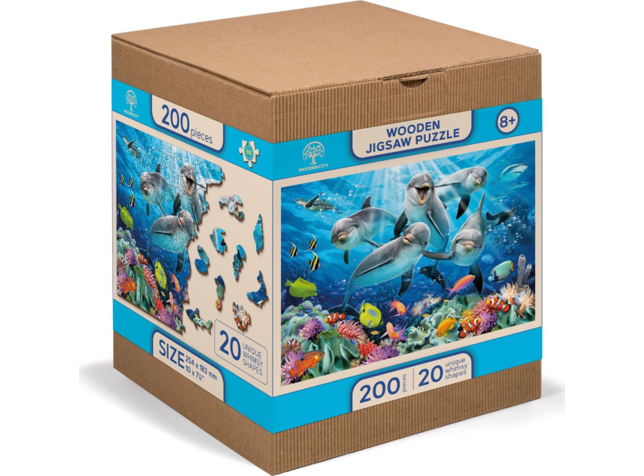 WOODEN CITY Dřevěné puzzle Šťastní delfíni 2v1, 200 dílků EKO