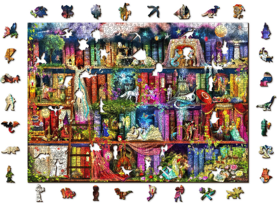 WOODEN CITY Dřevěné puzzle Police s knihami o hledání pokladu 2v1, 1010 dílků EKO