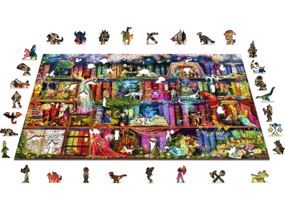 WOODEN CITY Dřevěné puzzle Police s knihami o hledání pokladu 2v1, 1010 dílků EKO