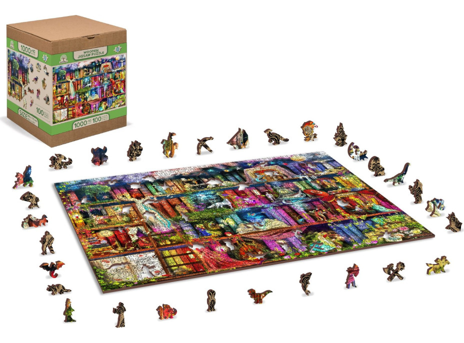 WOODEN CITY Dřevěné puzzle Police s knihami o hledání pokladu 2v1, 1010 dílků EKO