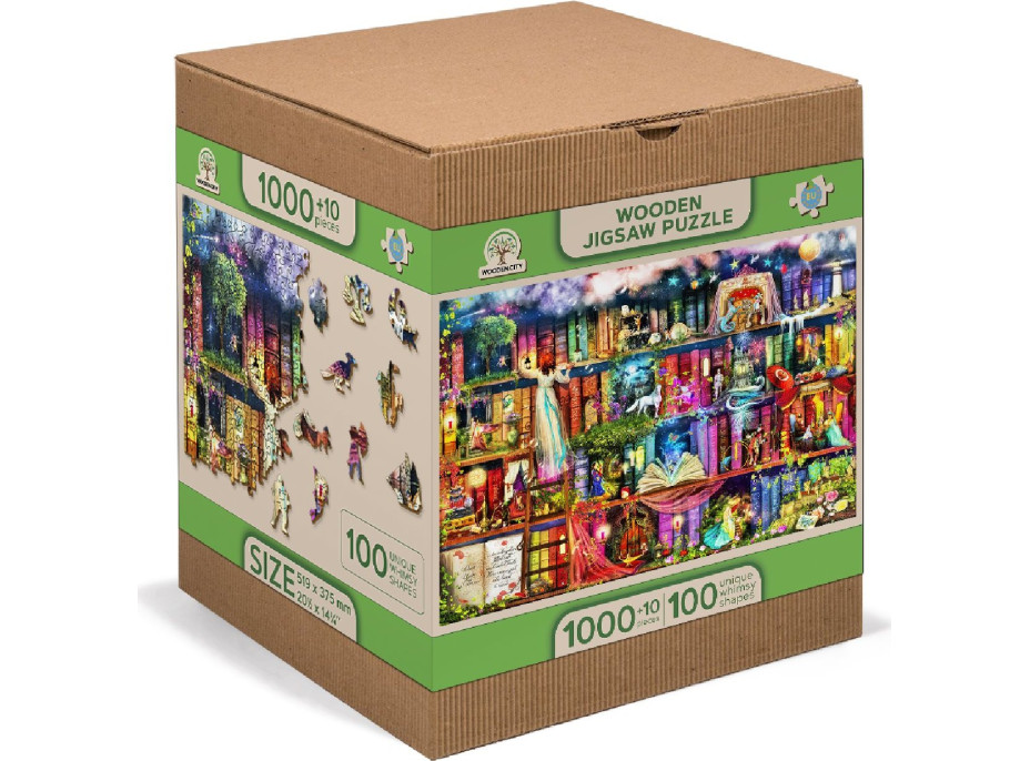 WOODEN CITY Dřevěné puzzle Police s knihami o hledání pokladu 2v1, 1010 dílků EKO