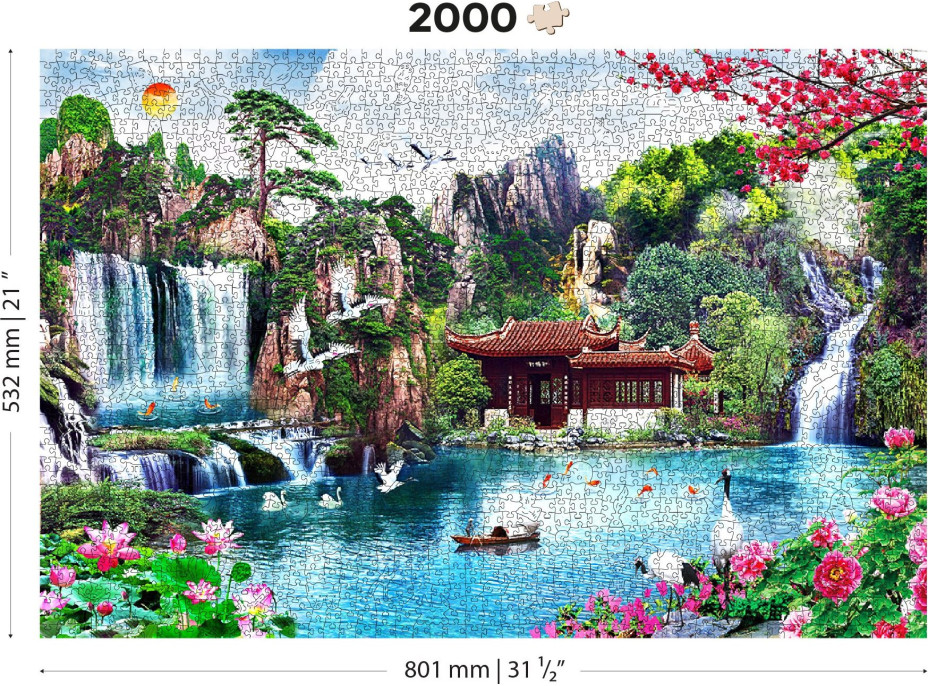 WOODEN CITY Dřevěné puzzle Vodopády v japonské zahradě 2v1, 2000 dílků EKO