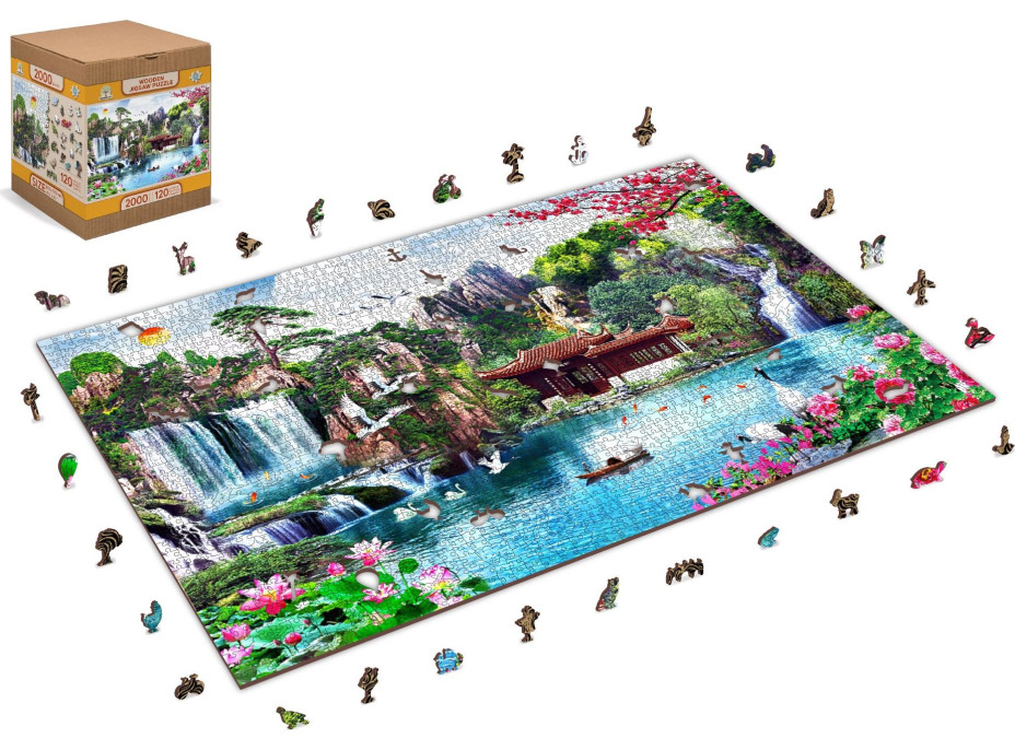 WOODEN CITY Dřevěné puzzle Vodopády v japonské zahradě 2v1, 2000 dílků EKO