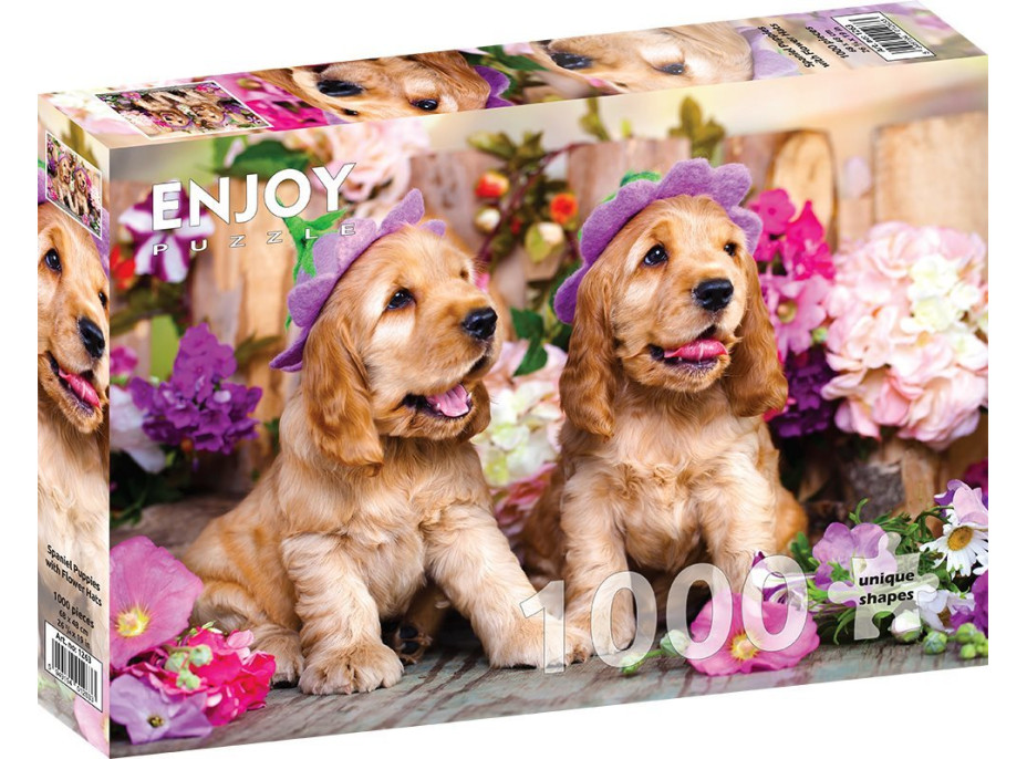ENJOY Puzzle Štěňátka kokršpaněla s květinovými kloboučky 1000 dílků