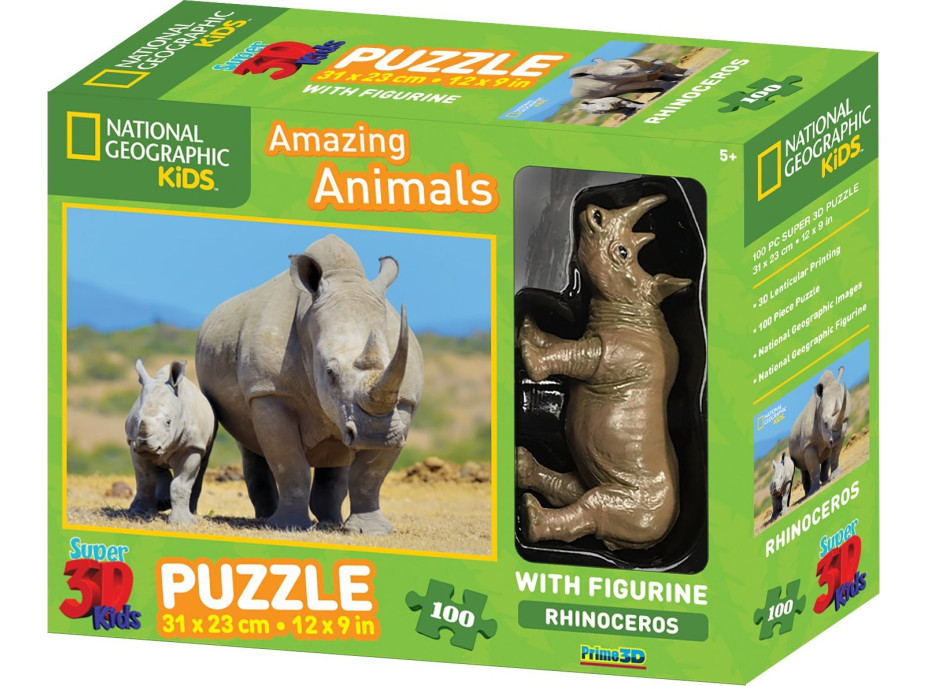 PRIME 3D Puzzle Nosorožec s mládětem 3D 100 dílků + figurka