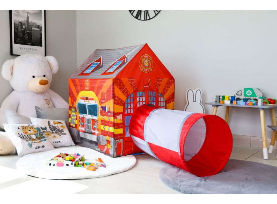 ECOTOYS Dětský stan na hraní s tunelem Hasičská stanice