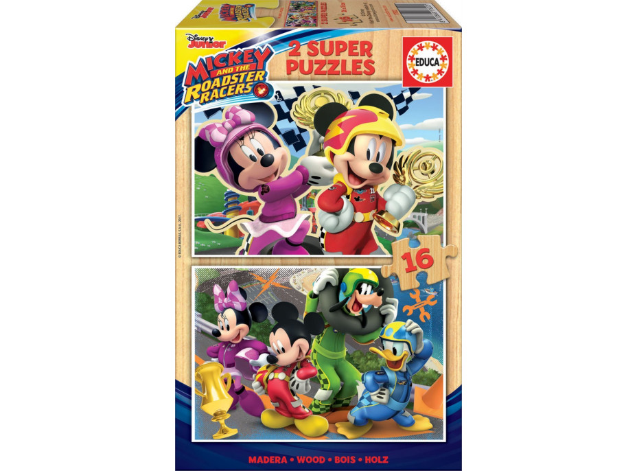EDUCA Dřevěné puzzle Mickey, Minnie a závodníci 2x16 dílků