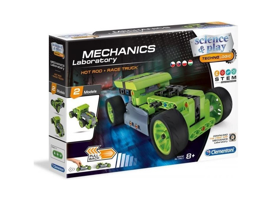 CLEMENTONI Science&Play Mechanická laboratoř 2v1 Hot Rod a Race Truck