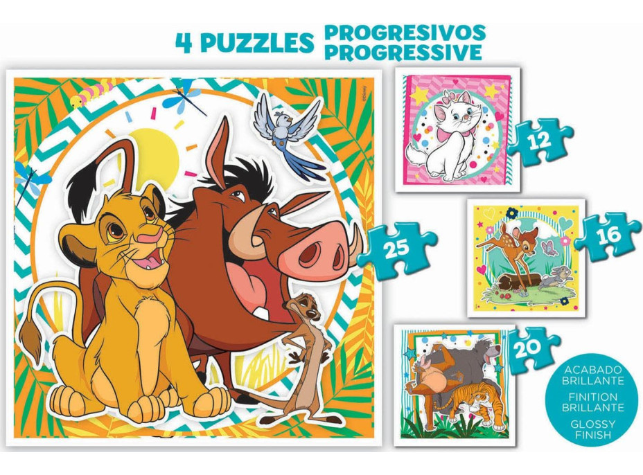 EDUCA Puzzle v kufříku Disney zvířátka 4v1 (12,16,20,25 dílků)
