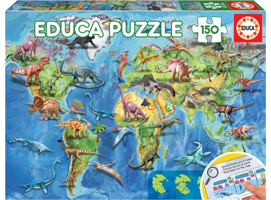 EDUCA Puzzle Mapa světa s dinosaury 150 dílků