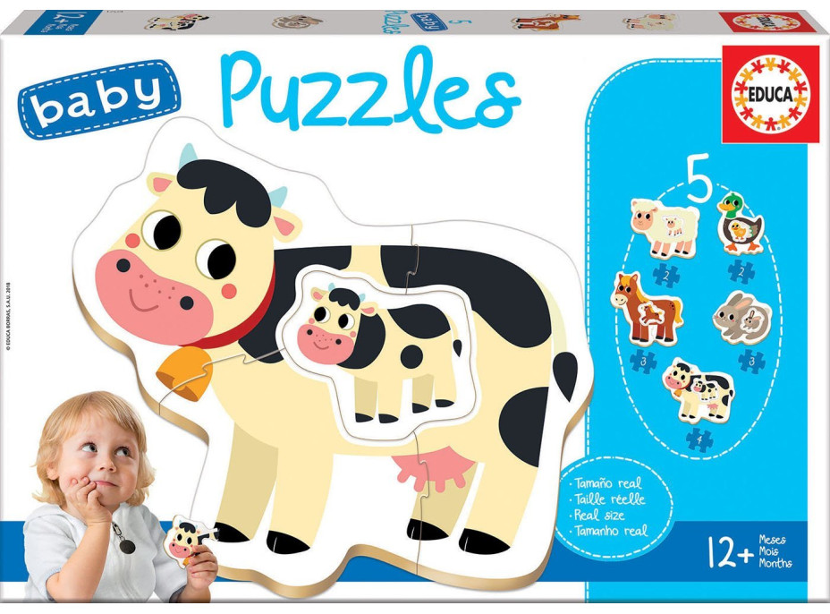 EDUCA Baby puzzle Zvířátka na farmě s mláďaty 5v1 (2-4 dílky)