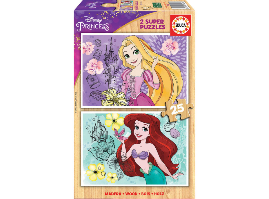 EDUCA Dřevěné puzzle Disney princezny 2x25 dílků