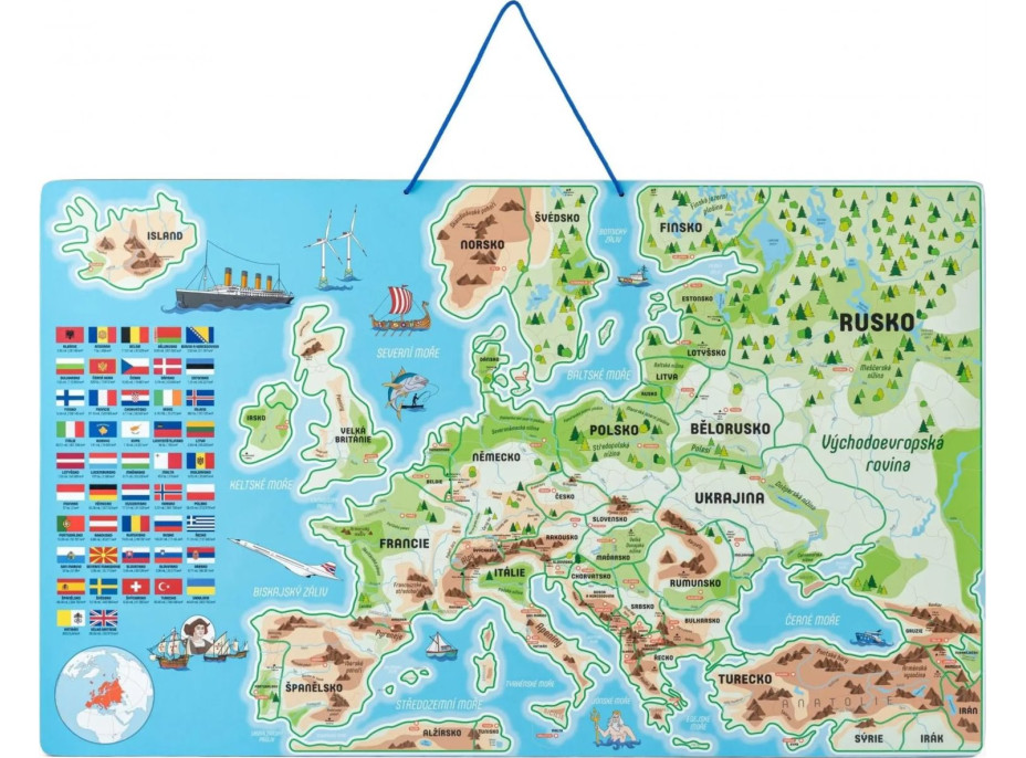 WOODY Magnetická mapa Evropy s obrázky a společenská hra, 3v1 v českém jazyce
