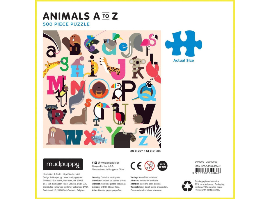MUDPUPPY Čtvercové puzzle Zvířata od A do Z 500 dílků