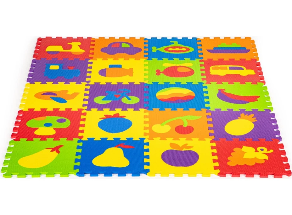 ECOTOYS Pěnové puzzle Ovoce a doprava (29x29)