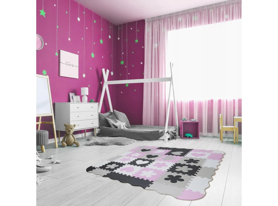 Matadi Pěnové puzzle šedo-růžové Srdce a kytky (28x28)