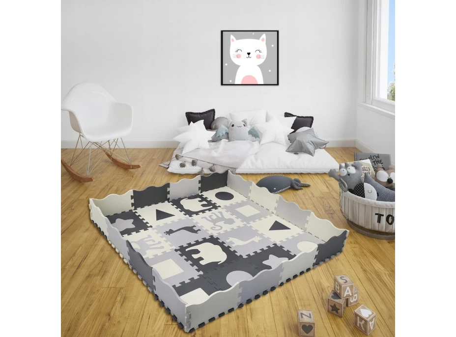 Matadi Pěnové puzzle šedé Zvířátka a tvary (28x28)
