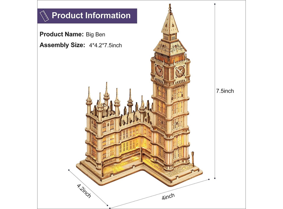 ROBOTIME Rolife Svítící 3D dřevěné puzzle Big Ben 220 dílků