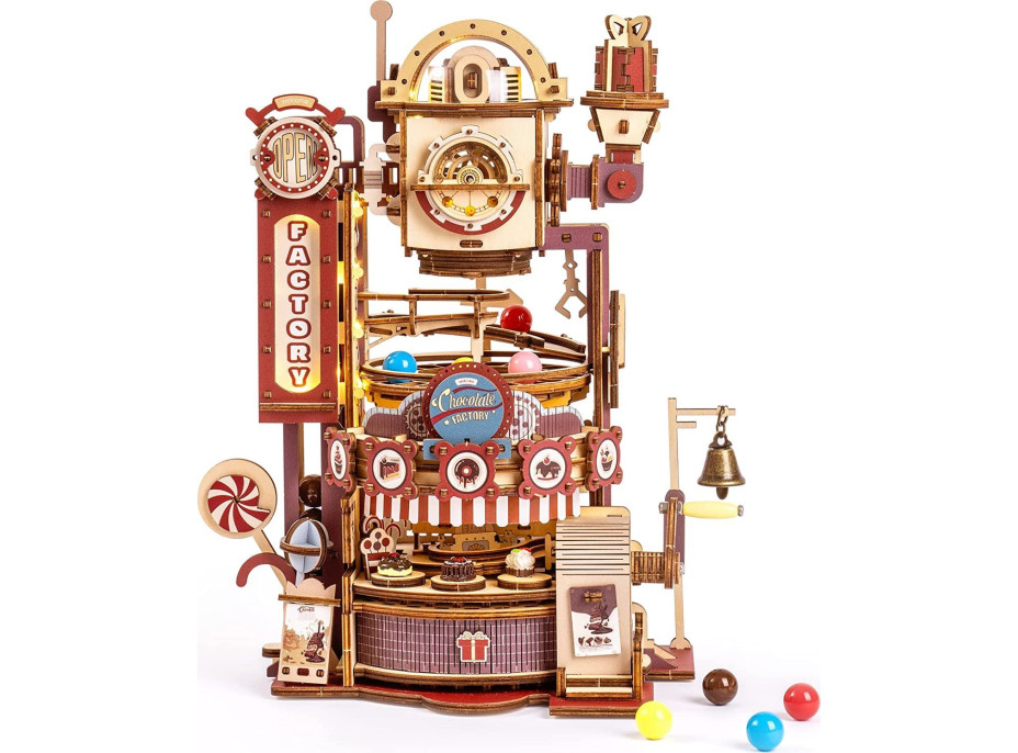 ROBOTIME Rokr 3D dřevěné puzzle Kuličková dráha: Továrna na čokoládu s LED světly 420 dílků