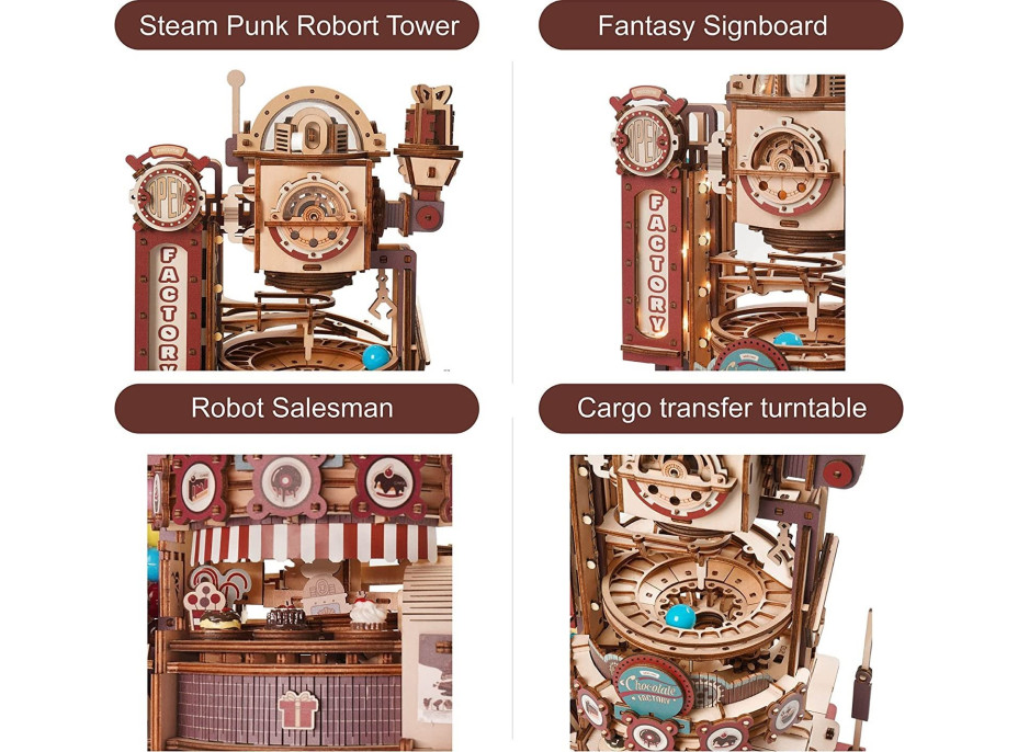 ROBOTIME Rokr 3D dřevěné puzzle Kuličková dráha: Továrna na čokoládu s LED světly 420 dílků