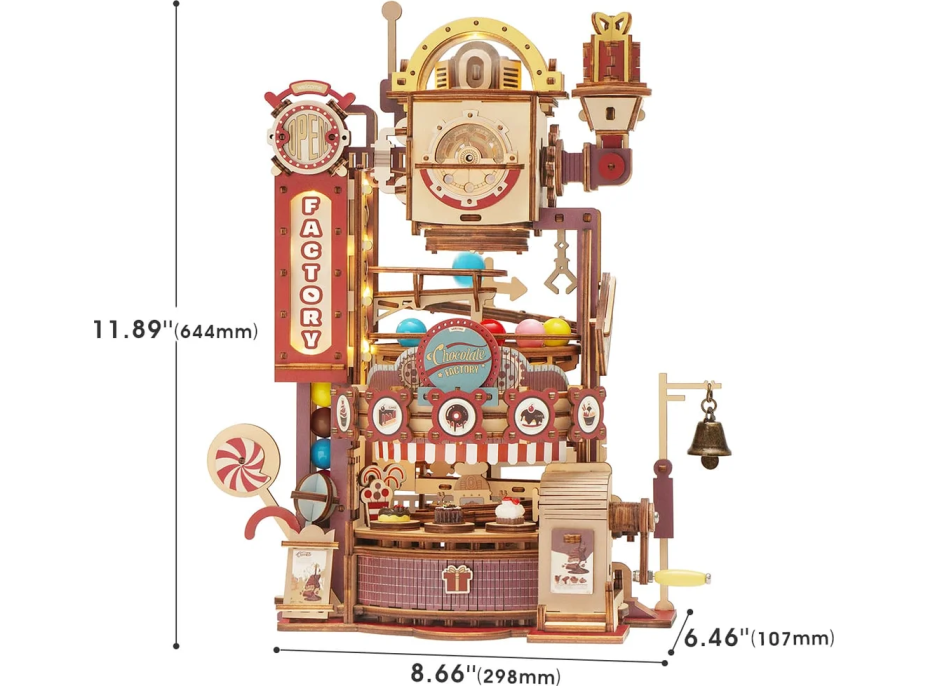 ROBOTIME Rokr 3D dřevěné puzzle Kuličková dráha: Továrna na čokoládu s LED světly 420 dílků