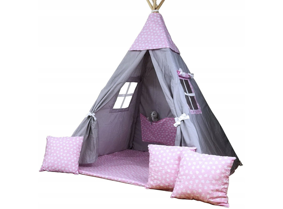 Dětský stan TEEPEE (TÝPÍ) SRDÍČKA s doplňky - šedý/světle růžový