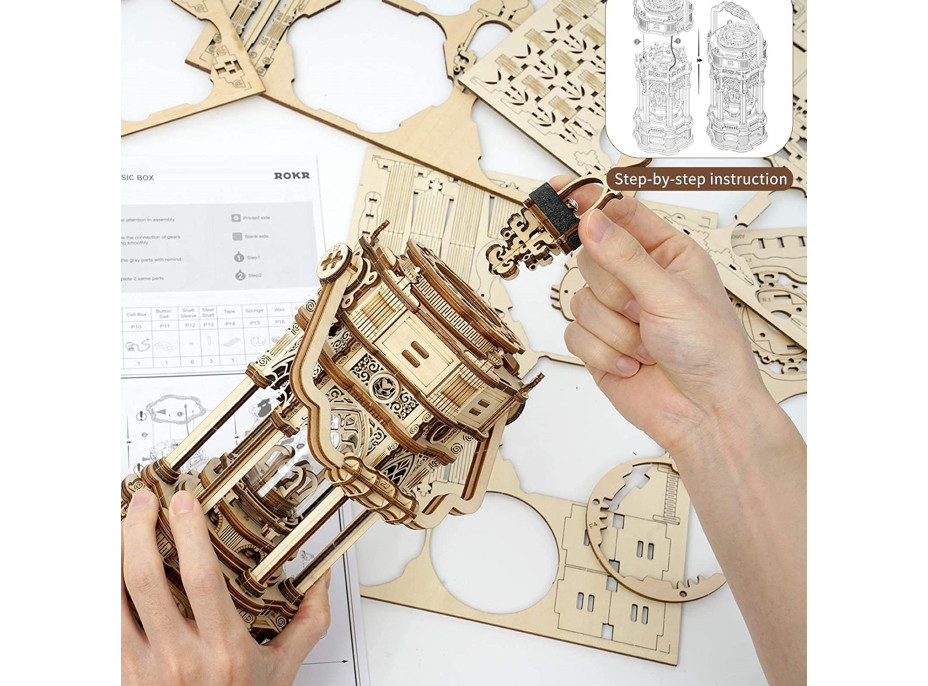 ROBOTIME Rokr Svítící 3D dřevěné puzzle Viktoriánská lucerna (hrací skříňka) 210 dílků