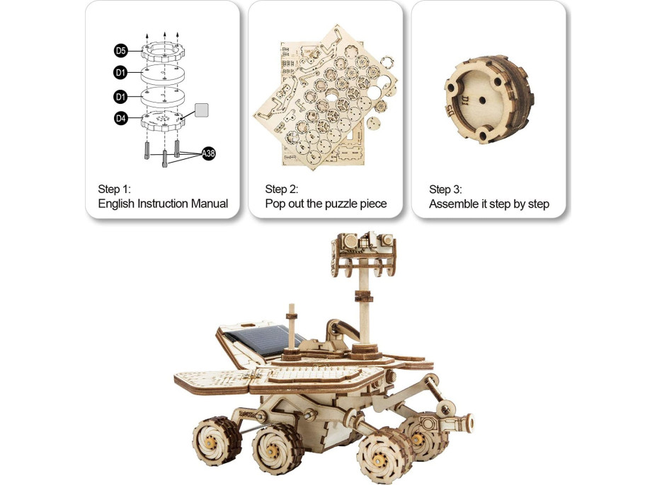 ROBOTIME Rokr 3D dřevěné puzzle Planetární vozítko Vagabond Rover na solární pohon 153 dílků