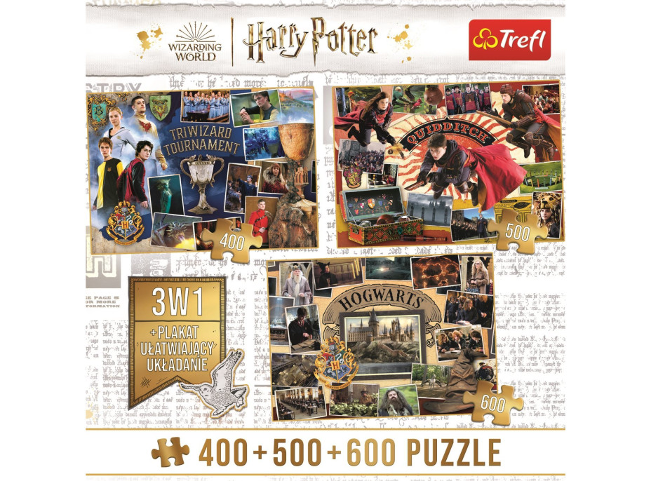 TREFL Puzzle Harry Potter: Turnaj tří kouzelníků, Famfrpál a Bradavice 400 + 500 + 600 dílků